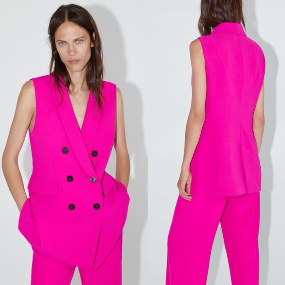 Zara Fuchsia Pink Vest Dress Blazer Jacket w/ Lapel Collar NEW